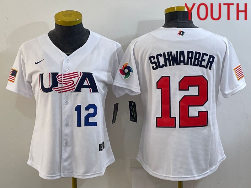 Youth 2023 World Cub USA 12 Schwarber White MLB Jersey4